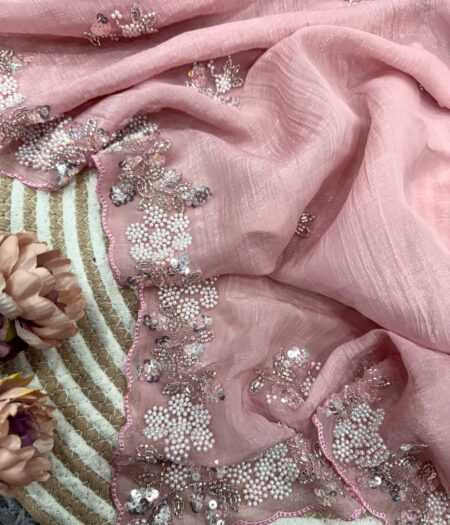 Women's Soft Pink Organza Saree with Delicate Pearl & Sequin Floral Embroidery – Lightweight Sheer Drape for Festive, Wedding & Party Wear