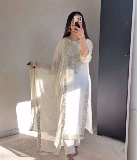 Women's Georgette Embroidery Sequence Work with Rivet Moti Work Straight Kurti With Pant and Dupatta Set