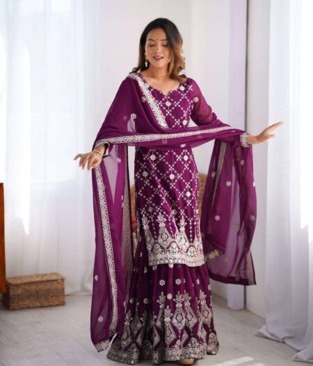 Women's Georgette Embroidery Work Straight Kurta With Sharara Suit and Dupatta Set