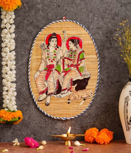 Oval Shaped Design Bamboo Hand Crafted Wall Hangings Of Shri Ram Ji With Janaki Ji For Home Decor | Bamboo Art For Wall Decor