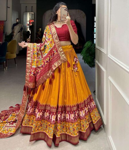 Women's Tussar Silk Patola Print Lehenga Choli Dupatta Set