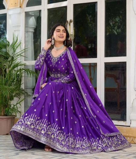 Women's American Silk Sequence Embroidery Long Anarkali Kurti (Gown) With Dupatta