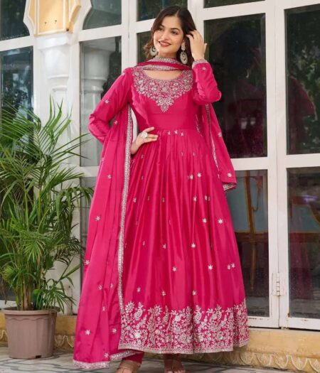 Women's American Silk Sequence Embroidery Long Anarkali Kurti Gown With Dupatta