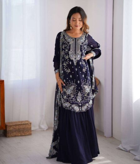 Women's Faux Georgette Sequins & Thread Work Straight Kurta With Sharara Suit and Dupatta Set