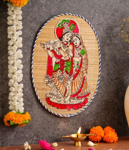 Oval Shaped Design Bamboo Hand Crafted Wall Hangings Of Krishna Ji With Radha Ji For Home Decor | Bamboo Art For Wall Decor