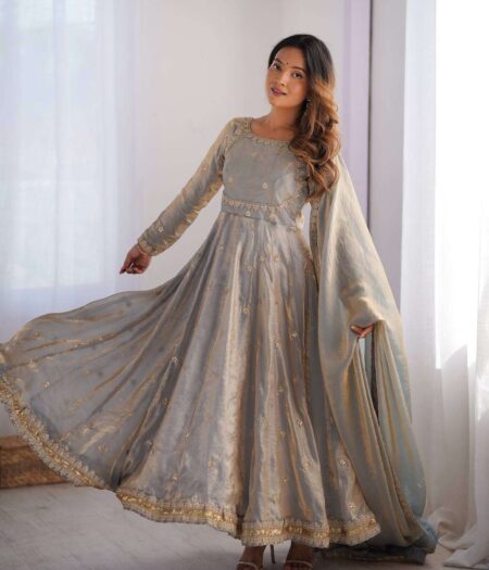 Women's Fandy Silk Coding with Sequnce work Long Anarkali Kurti Gown With Dupatta