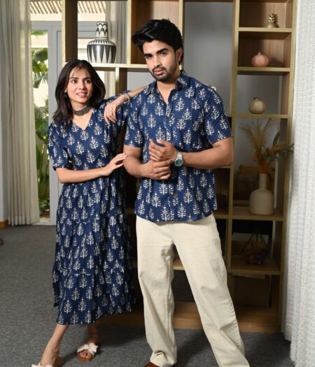 Couple Matching Navy-Blue Printed Cotton Anarkali Midi Dress & Shirt Set ? Summer Casual Wear