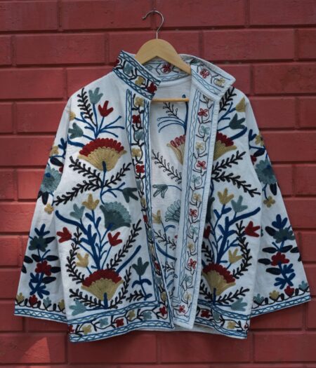 Womens White Velvet Embroidered Jacket with Floral Design