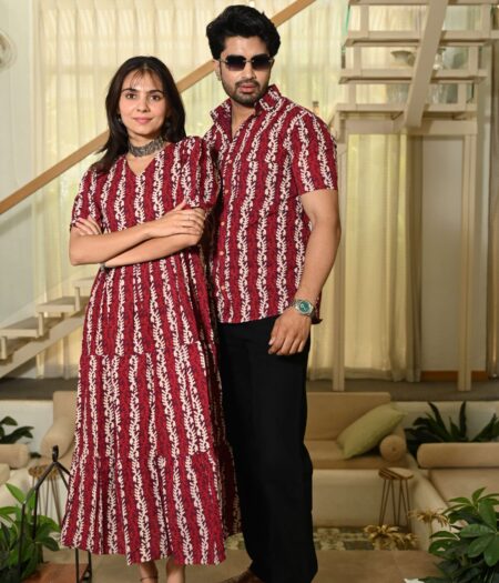 Couple Matching Red Cotton Anarkali Midi Dress and Shirt Set ? Vertical Vine Block Print