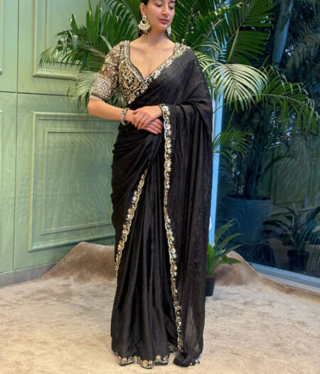 Women's Elegant Black Georgette/Chiffon Saree with Intricate Gold & Silver Embellished Border – Paired with Heavy Sequin & Zari Work Blouse for Festive & Wedding Wear