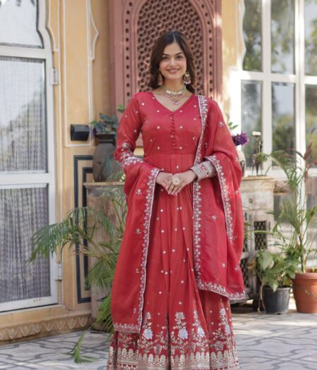Women's Cotton Embroidered Anarkali Gown With Dupatta Set – Festive Wear