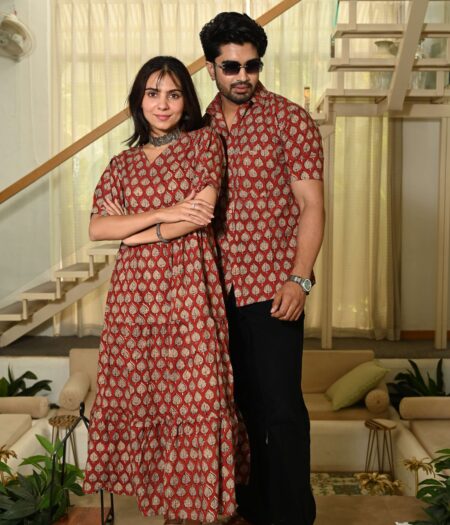 Couple Matching Red Cotton Anarkali Midi Dress and Shirt Set ? Gold Leaf Block Print
