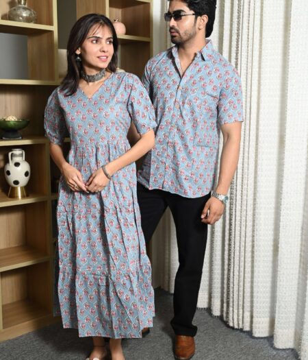 Couple Matching Sky Blue Cotton Anarkali Midi Dress and Shirt Set ? Pink Floral Print