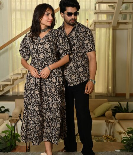 Couple Matching Red Printed Cotton Anarkali Midi Dress & Shirt Set ? Summer Casual Wear