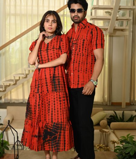 Couple Matching Red Printed Cotton Anarkali Midi Dress & Shirt Set ? Summer Casual Wear