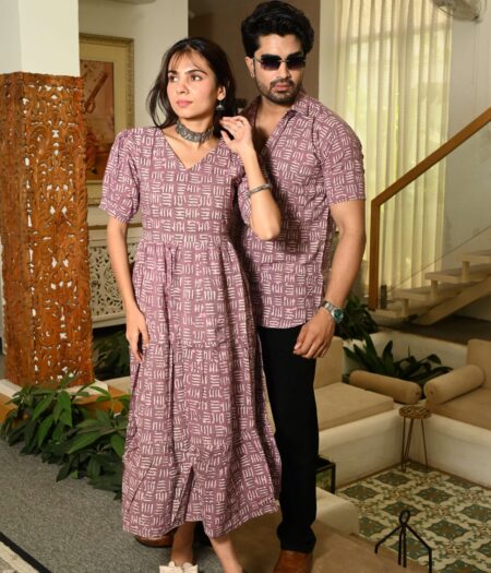 Couple Matching Mauve Cotton Anarkali Midi Dress and Shirt Set ? Abstract Line Print