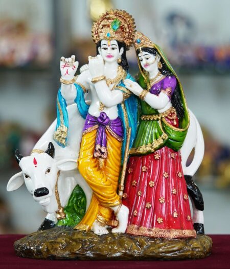 Radha Krishna with Cow Resin Sculpture - Divine Harmony and Blessings for Your Home