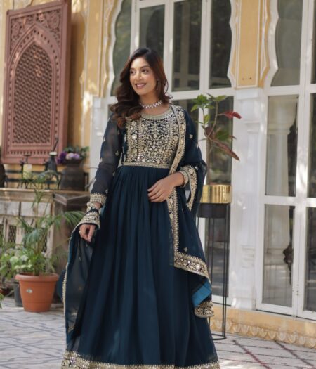 Women's Cotton Embroidered Anarkali Gown with Dupatta