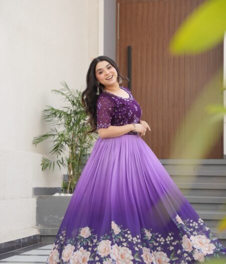 Women's Cotton Floral Printed Anarkali Gown Dress with Embellished Bodice – Party Wear