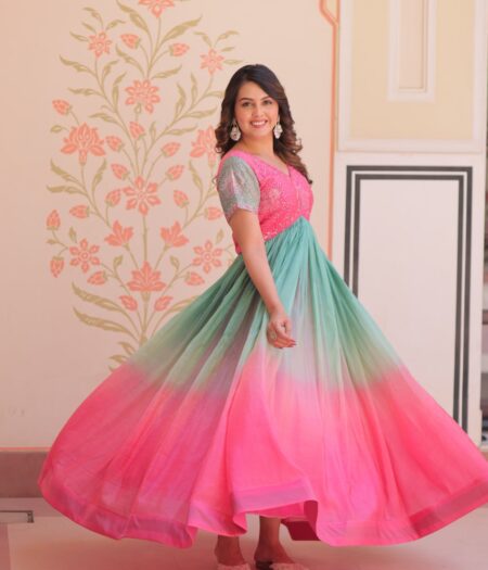 Women's Cotton Ombre Anarkali Gown Dress with Sequin Embroidered Net Sleeves