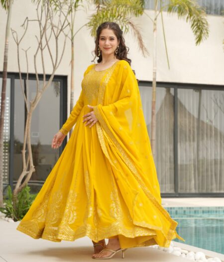 Women's Cotton Embroidered Anarkali Gown With Dupatta Set