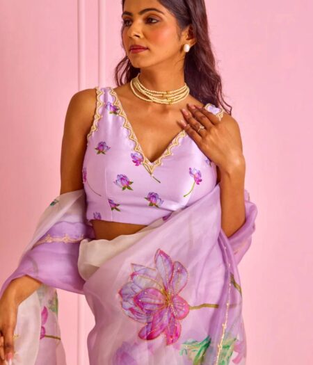 Women's Exquisite Lavender & White Organza Saree with Hand-Painted Lotus Floral Motifs & Gold Embellished Border – Complete with Matching Printed Blouse for Festive & Special Occasions