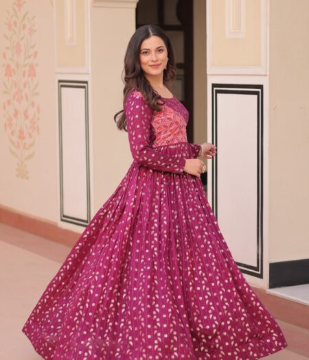 Women's Cotton Printed Anarkali Gown Dress with Embroidered Yoke Design