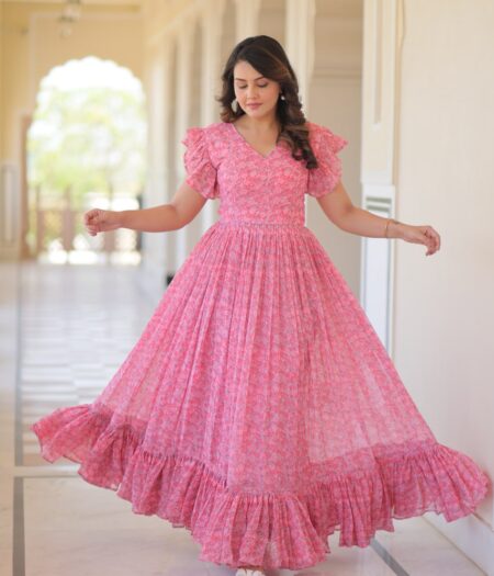 Women's Cotton Floral Printed Ruffle Anarkali Gown Dress (Pink)