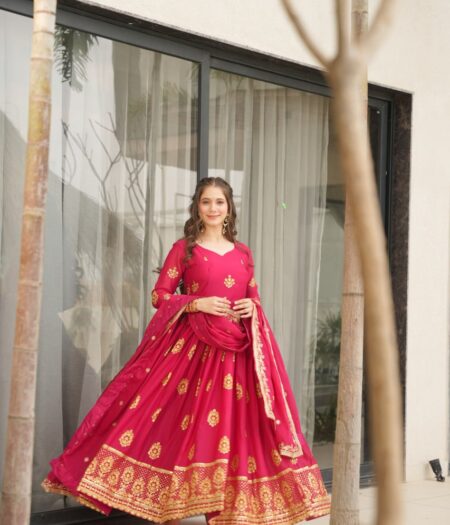 Women's Cotton Embroidered Anarkali Gown With Dupatta Set
