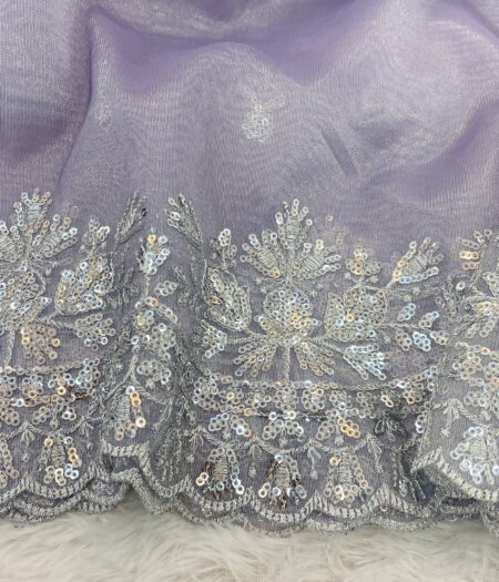Women's Dreamy Lavender Twill Net Saree with All-Over Silver Sequin & Thread Embroidery – Complete with Heavily Worked Border for Festive & Wedding Wear