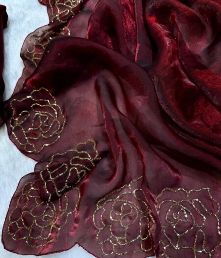 Women's Luxurious Maroon Shimmer Saree with Intricate Gold Zari/Threadwork & Scalloped Border – Complete with Blouse Piece for Festive & Wedding Wear
