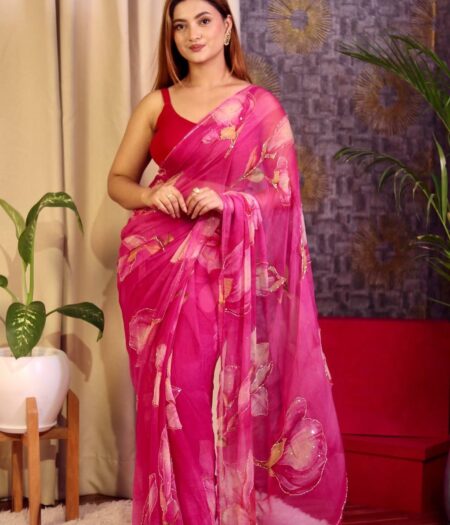 Women's Vibrant Rani Pink Floral Japanese Chiffon Saree with Hand-Painted/Printed Motifs – Perfect for Summer & Casual Festive Wear