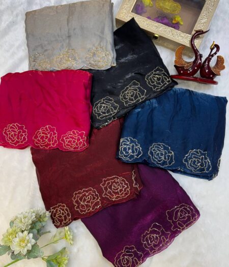 Women's Pure Soft Fendy Satin Saree with Full Floral Handwork Design & Running Blouse Piece – Available in Multiple Colors for Festive & Casual Wear