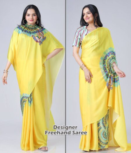 Women's Vibrant Lemon Yellow Satin Silk Kaftan Saree with Multi-Color Digital Print Yoke & Border Design