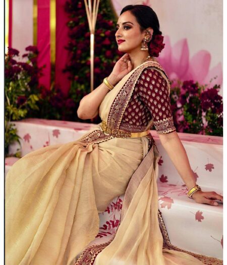 Women's Elegant Cream Georgette/Chiffon Saree with Maroon Zari & Thread Work Border – Paired with Heavy Embroidered Blouse for Wedding & Festive Wear