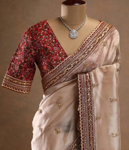 Women's Exquisite Ivory Tissue Organza Saree with Gold Sequin & Zari Embroidery – Paired with Heavy Maroon Readymade Blouse for Wedding & Festive Wear