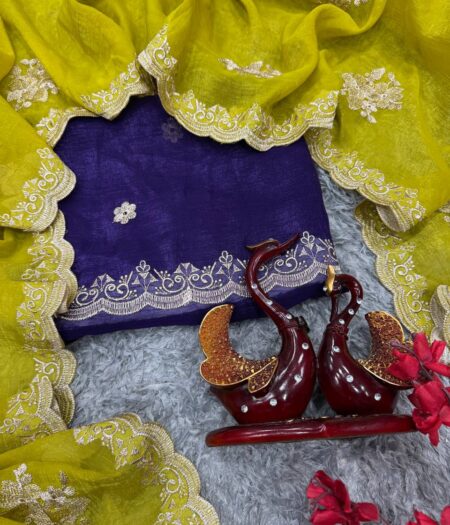 Women's Radiant Lime Yellow Organza Saree with Intricate Gold Zari Embroidery & Scalloped Border – Complete with Blouse Piece for Festive & Party Wear