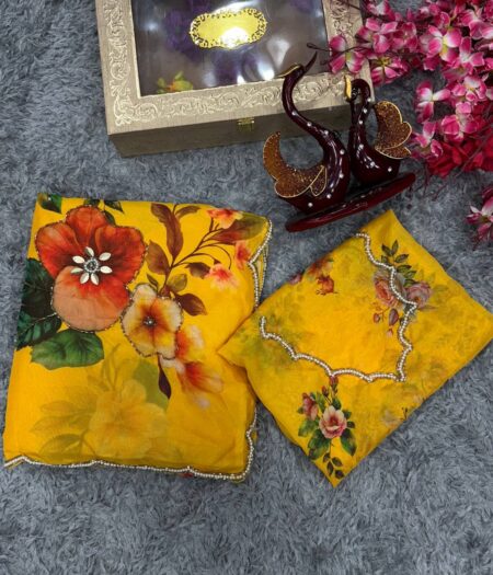 Women's Vibrant Yellow Floral Digital Print Saree with Zari and Stone Embellishments – Complete with Heavily Worked Blouse Piece for Festive & Wedding Wear