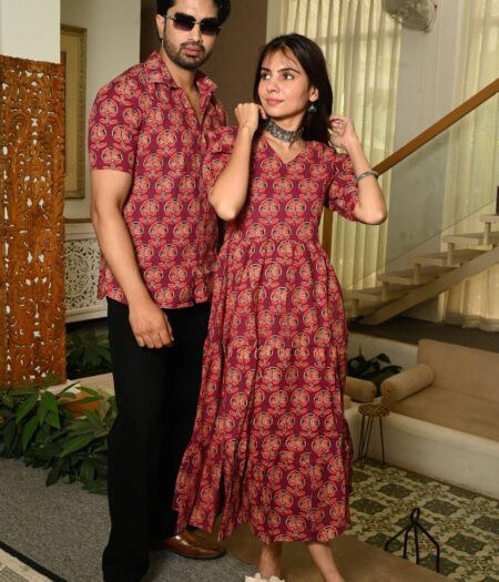 Couple Matching Red Cotton Anarkali Midi Dress and Shirt Set ? Floral Block Print